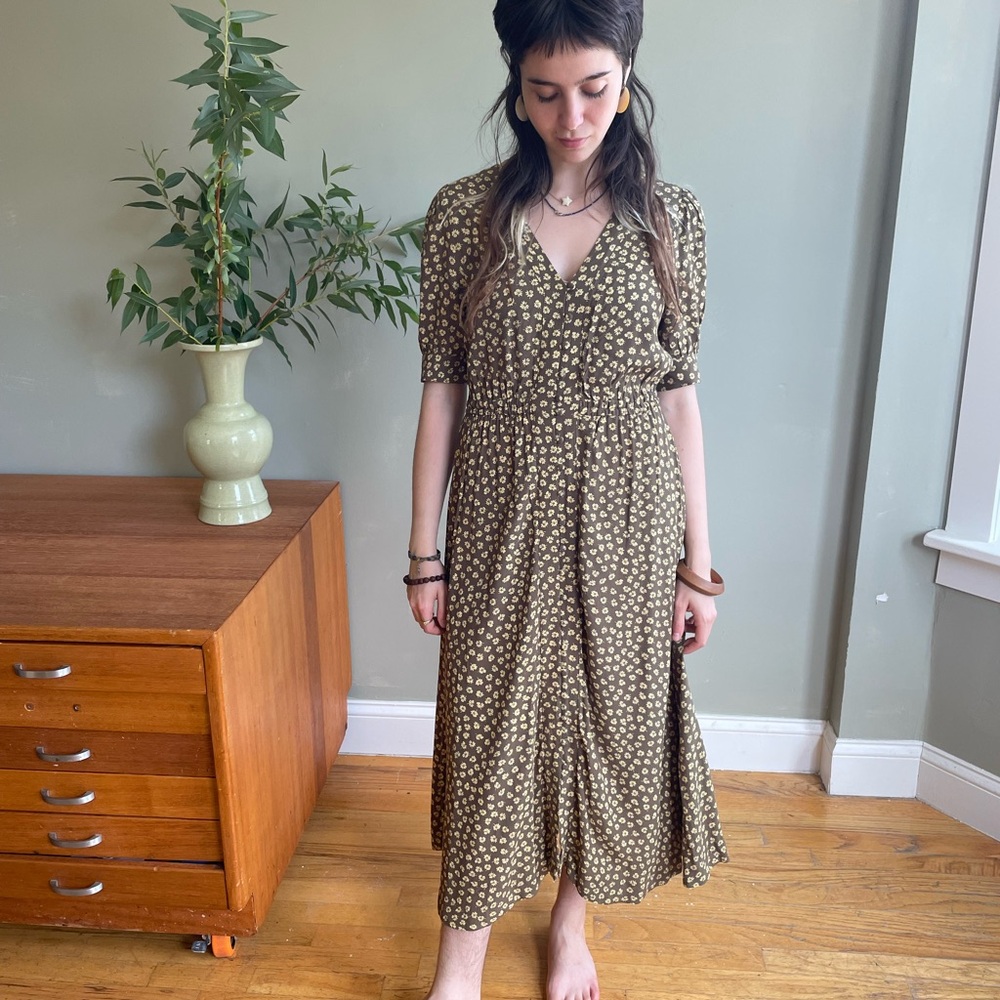 Madewell Brown Puff Olive Green Floral Sleeve V-Neck Sundress